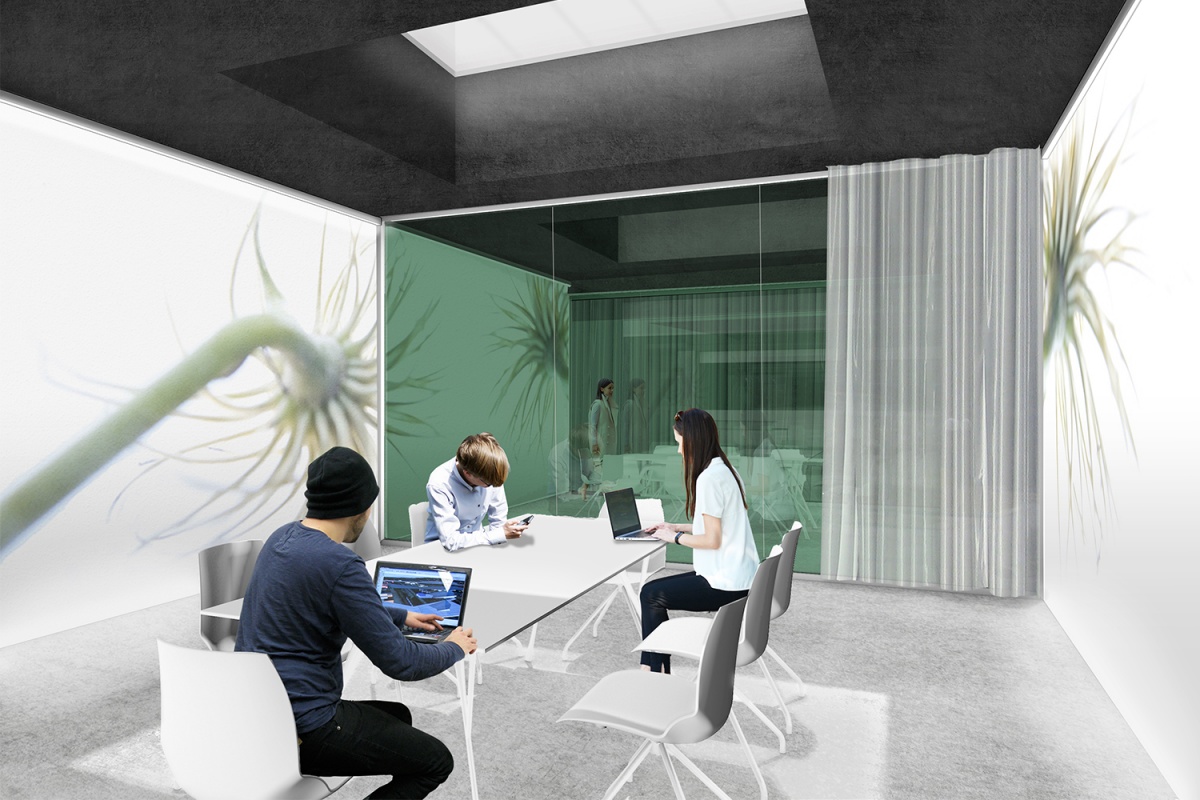 render sala riunioni con carta da parati e vetrata colorata